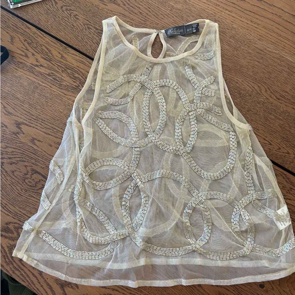 Costa Blanca Beaded Sheer Tank in Champagne Gold